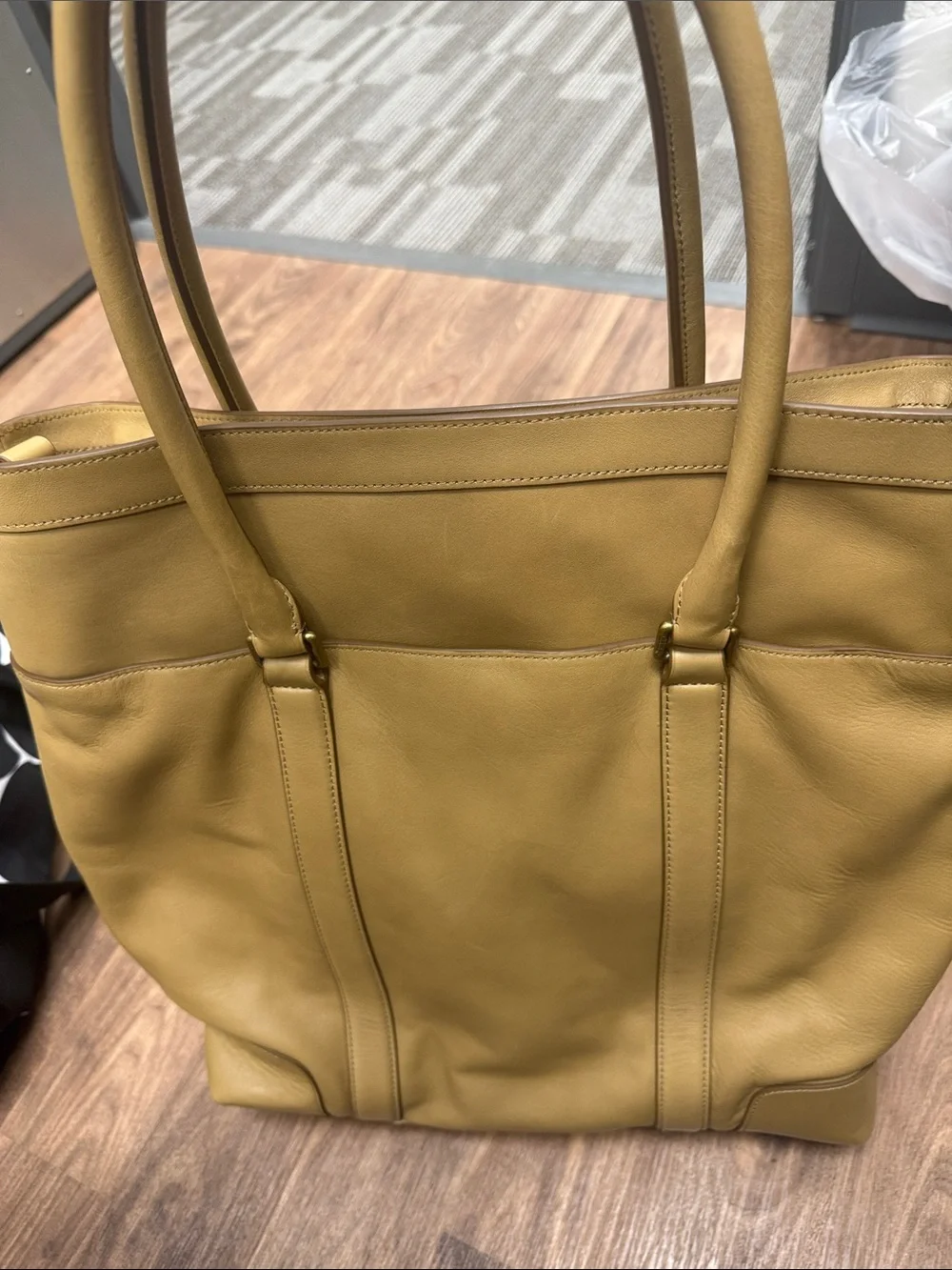 Coach Bleeker Tan Leather XL Striped Tote with Green and Blue Stripes